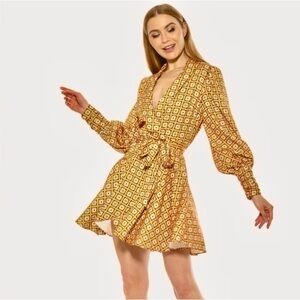 Alexia Admor Phoebe Wrap Dress Mustard Geo Print Size 10 Like New
